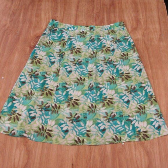 CHRISTOPHER & BANKS Linen Blend Midi Skirt Womens Size 14 Blue Green Leaf Print - Picture 9 of 12